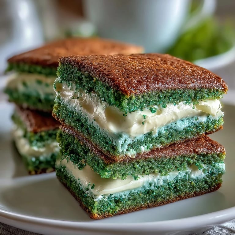 Vibrant green sugar cookie sandwiches with sparkling sugar coating, creamy vanilla filling, perfect for St. Patrick's Day parties.