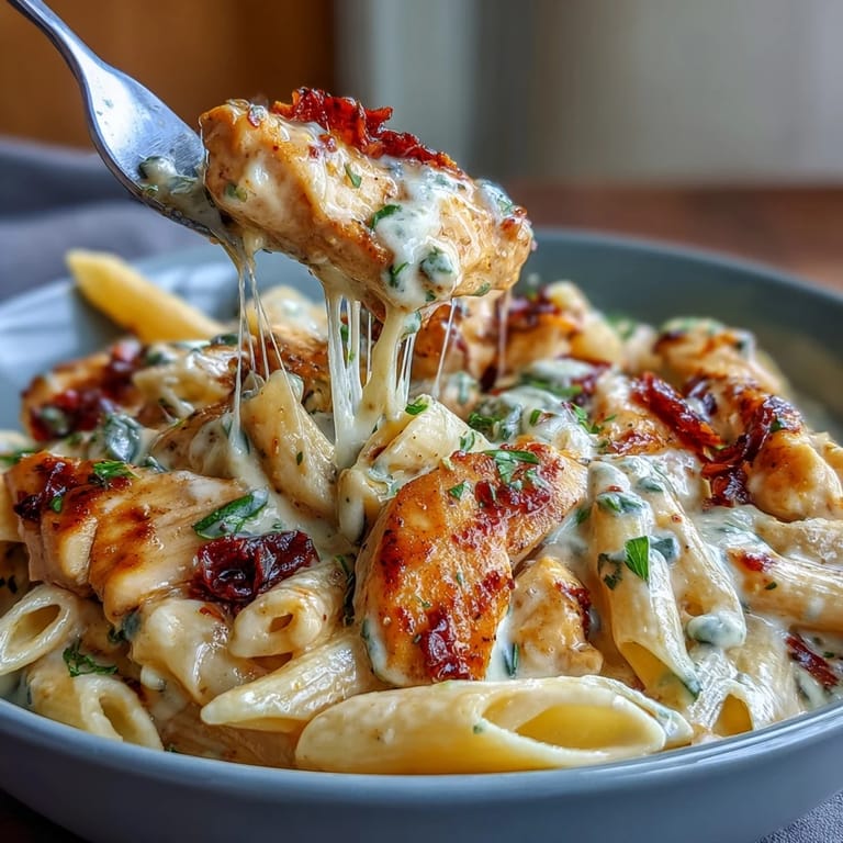 Velvety Mississippi Chicken Pasta featuring ranch-seasoned chicken, pepperoncini, and penne in a luscious cream sauce.