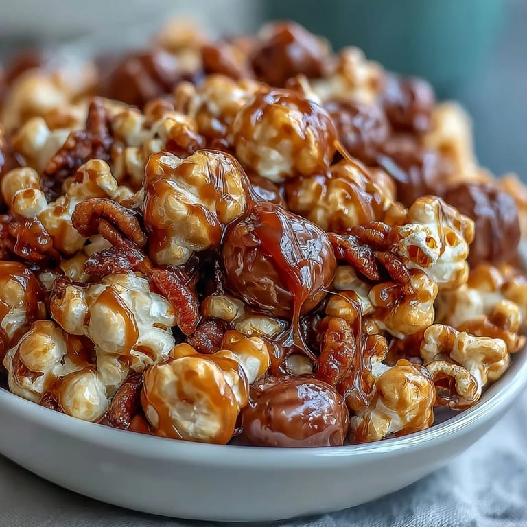 Sweet and salty caramel popcorn blend featuring chewy dried apples and vibrant candy-coated chocolates, ideal for festive gatherings.