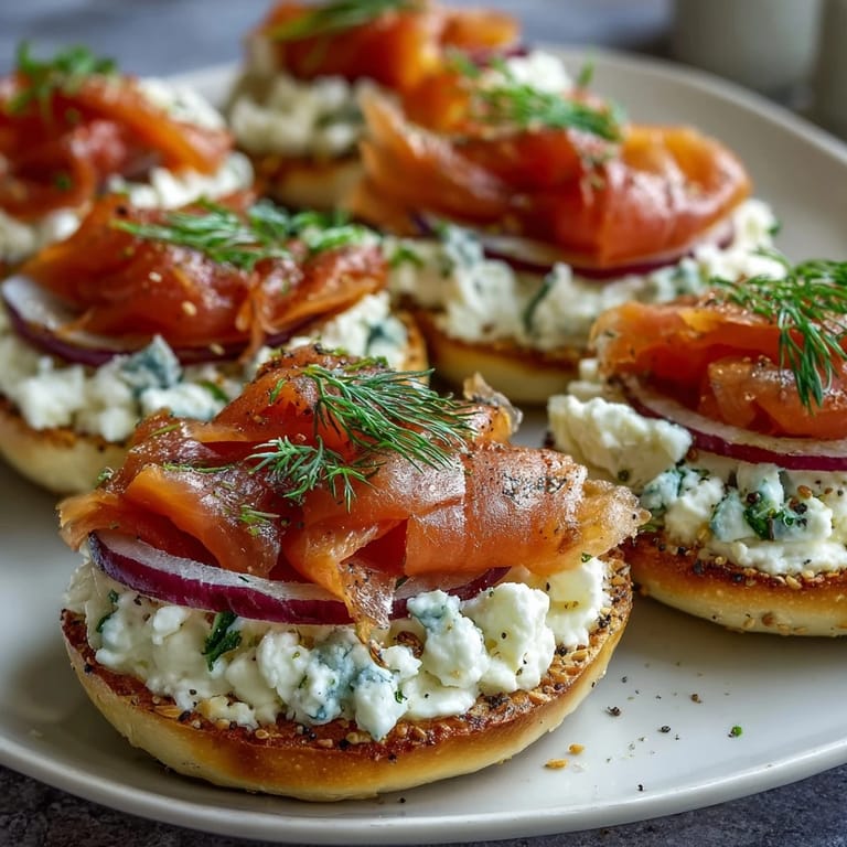High-protein cottage cheese bagels with smoked salmon, cucumber, red onion, and capers, garnished with dill.