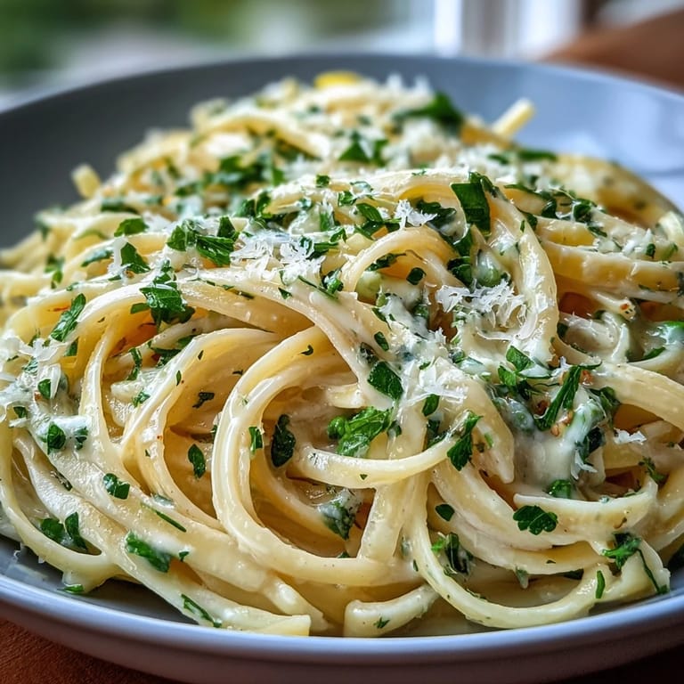 Golden pasta glistens in lemon-butter sauce, dotted with vibrant green peas and a dusting of Parmesan.
