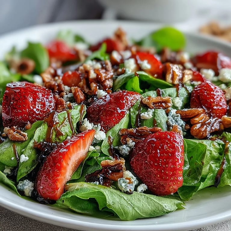 Vibrant spring salad with fresh strawberries, peppery arugula, creamy goat cheese, and a tangy balsamic glaze drizzle.