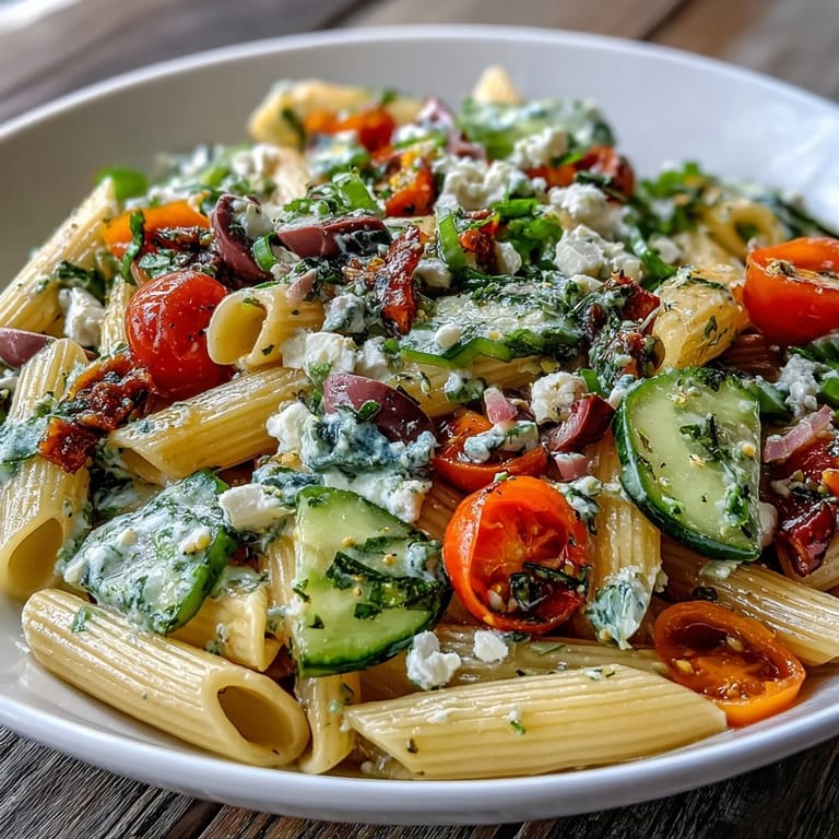 A hearty Greek pasta salad featuring briny Kalamata olives, crumbled feta, and fresh herbs tossed with al dente pasta.
