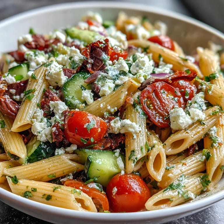 Vibrant Greek pasta salad with juicy cherry tomatoes, cool cucumbers, and creamy feta in a zesty olive oil dressing.