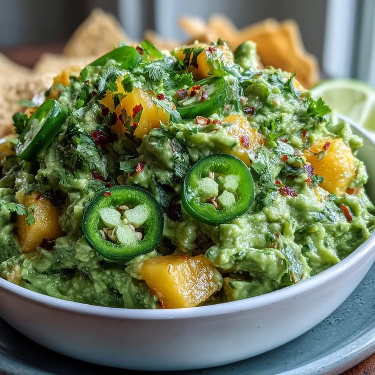 Easy homemade guacamole recipe featuring ripe avocados, juicy mango, and zesty jalapeño, served with crispy tortilla chips for dipping.