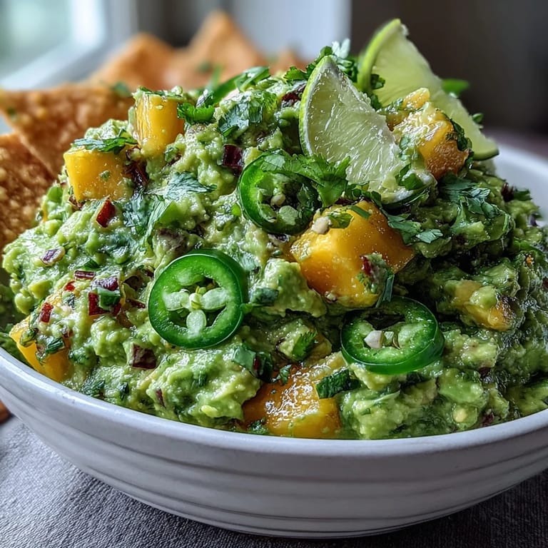 Fresh Cinco de Mayo guacamole with sweet mango, spicy jalapeño, and lime juice, garnished with cilantro for a festive appetizer.