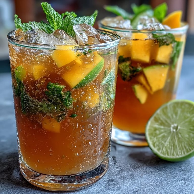 Chilled mango peach sangria with colorful fruit medley, served over ice with fresh mint leaves for a sunny afternoon treat.