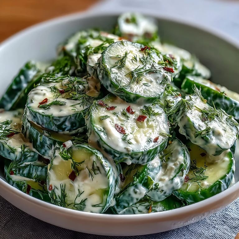 A light and creamy cucumber salad with dill and Greek yogurt, perfect for picnics or barbecue gatherings.