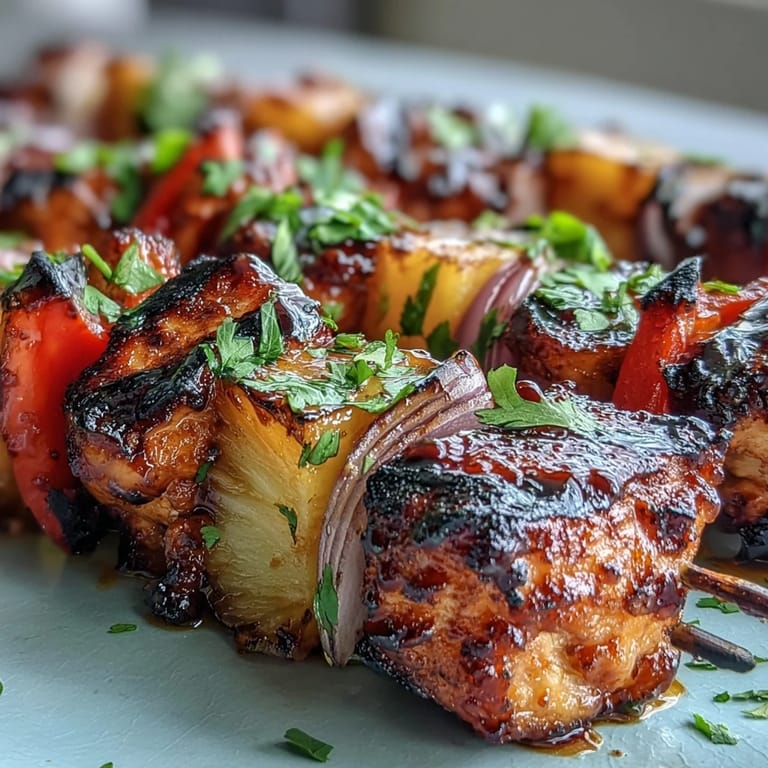 Sweet and savory grilled pineapple chicken skewers with colorful bell peppers and onions, ideal for outdoor dining.  
