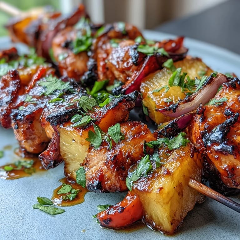 Tropical-inspired grilled pineapple chicken skewers with a honey-lime marinade, garnished with fresh cilantro for added flavor.