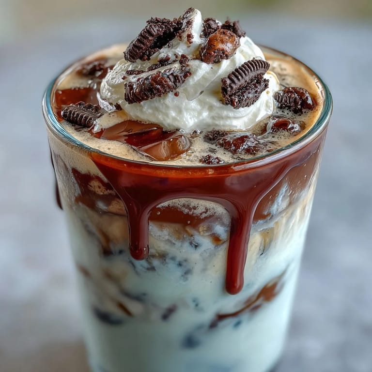 Indulgent cookies-and-cream flavored cold brew coffee served over ice with a creamy swirl and cookie crumble topping.