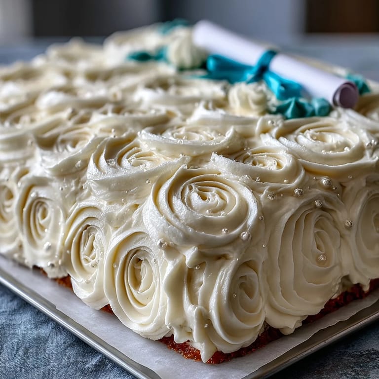 Graduation sheet cake topped with delicate buttercream roses and fondant diploma, ready to serve a crowd.  