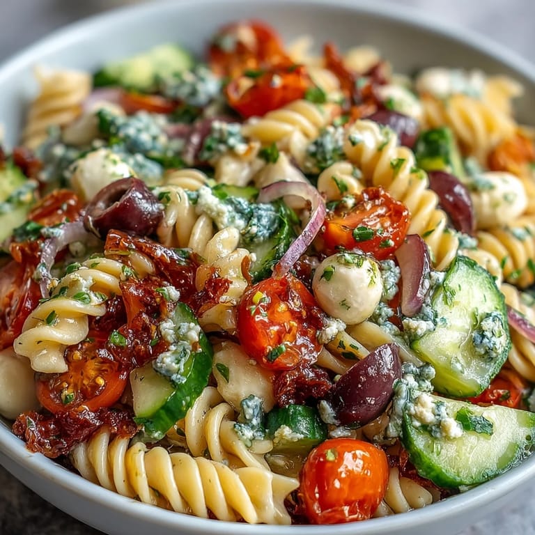 Colorful fusilli pasta salad tossed with crisp vegetables and mozzarella balls, drizzled with zesty Italian dressing for a refreshing side dish.