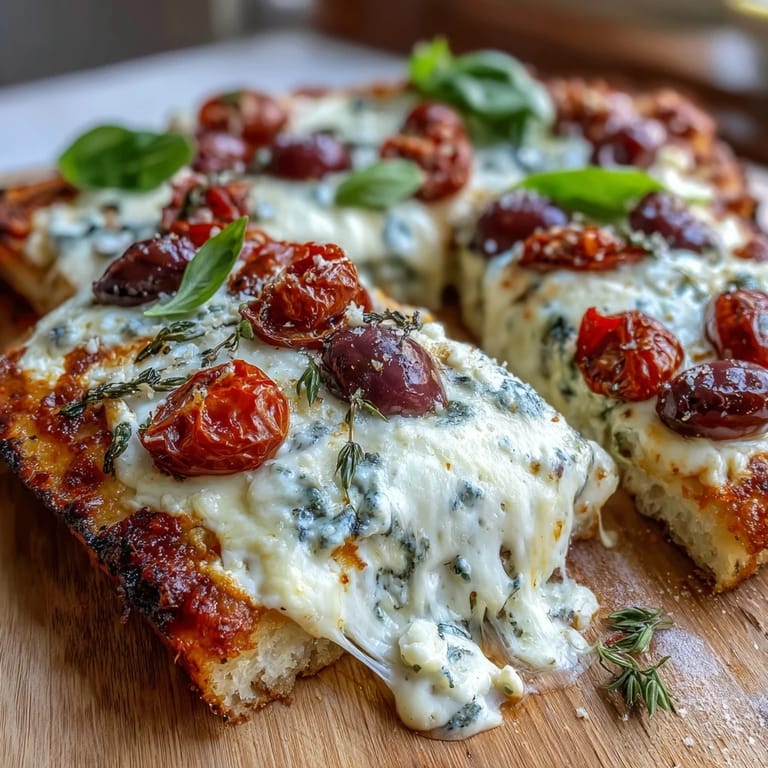 High-protein cottage cheese flatbread pizza topped with savory sauce, olives, and basil for a healthy twist on classic comfort food.