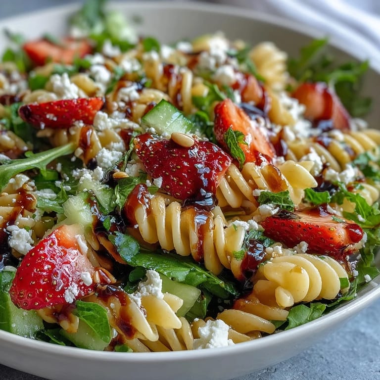 Colorful pasta salad featuring sweet strawberries, tangy feta, and fresh arugula, tossed in a honey-balsamic dressing.