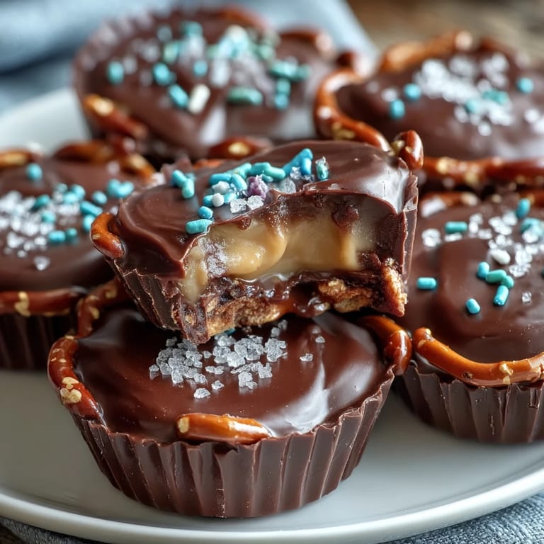 Layered chocolate cups with pretzel crunch and peanut butter filling offer a delightful sweet-salty combination, great for holiday celebrations or anytime snacking.