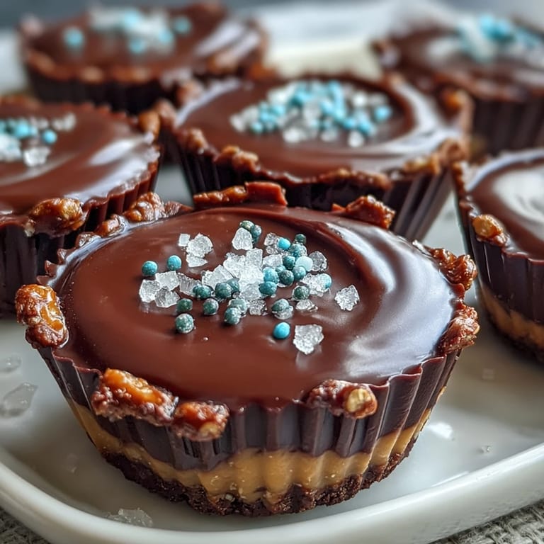 Salty pretzel base topped with smooth peanut butter and rich chocolate creates irresistible chocolate cups, ideal for dessert platters or gifting.