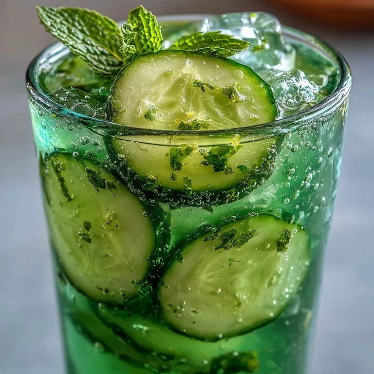Chilled cucumber mint agua fresca with lime, served over ice in a clear glass, perfect for a healthy and hydrating detox.