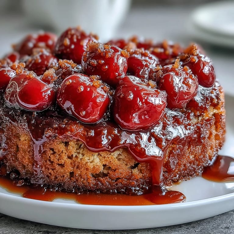 Moist and fragrant cherry almond upside-down cake with a rich almond flavor and juicy fruit topping, ideal for any special occasion.  