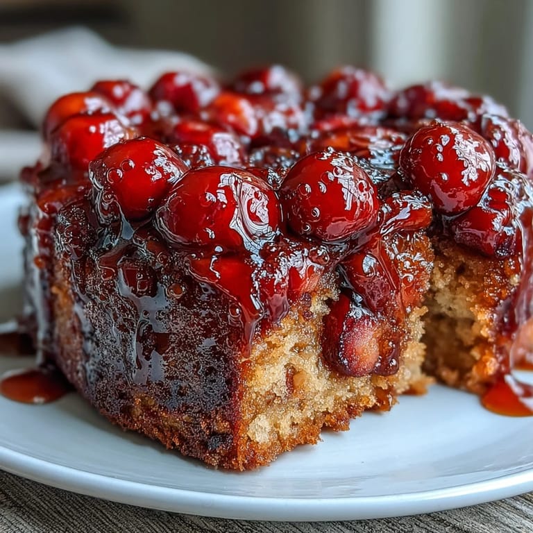 Warm cherry almond upside-down cake with caramelized edges and tender crumb, best served with a scoop of vanilla ice cream.