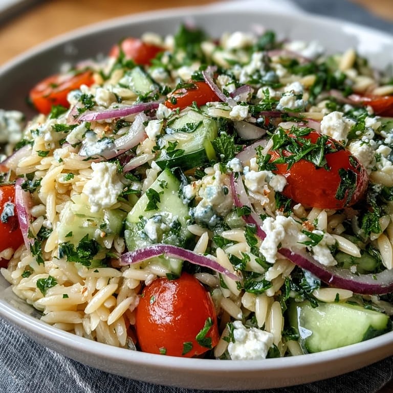 Vibrant orzo salad featuring crisp cucumber, creamy feta, and tangy lemon dressing, ideal for summer gatherings.  