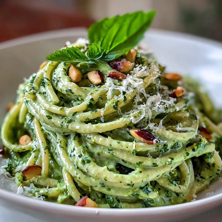 A vibrant green avocado basil pesto coats al dente pasta, topped with Parmesan and lemon zest.