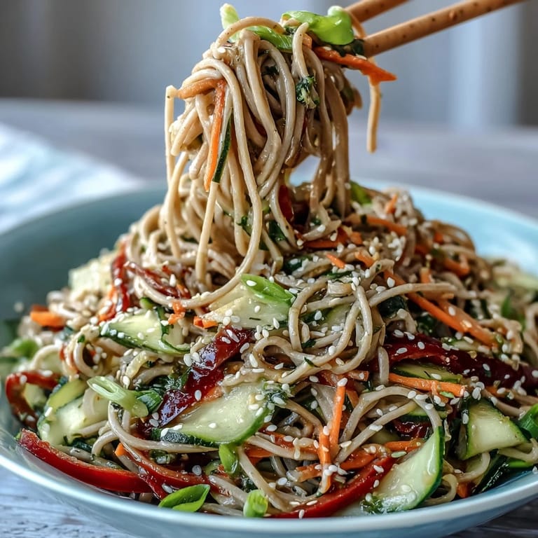 Sesame ginger-dressed soba noodles tossed with crunchy vegetables and fresh cilantro, garnished with sesame seeds and lime wedges.