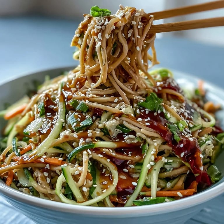 A colorful bowl of chilled soba noodles, crisp julienned vegetables, and tangy sesame ginger dressing for a light meal.  