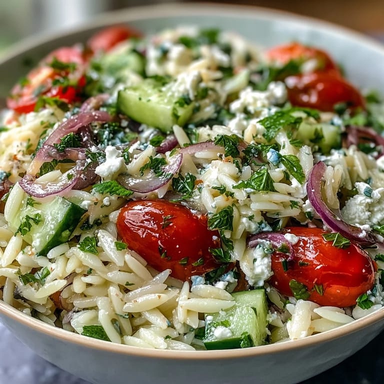Mediterranean orzo salad with fresh cucumber, crumbled feta, and bright lemon dressing, served chilled.