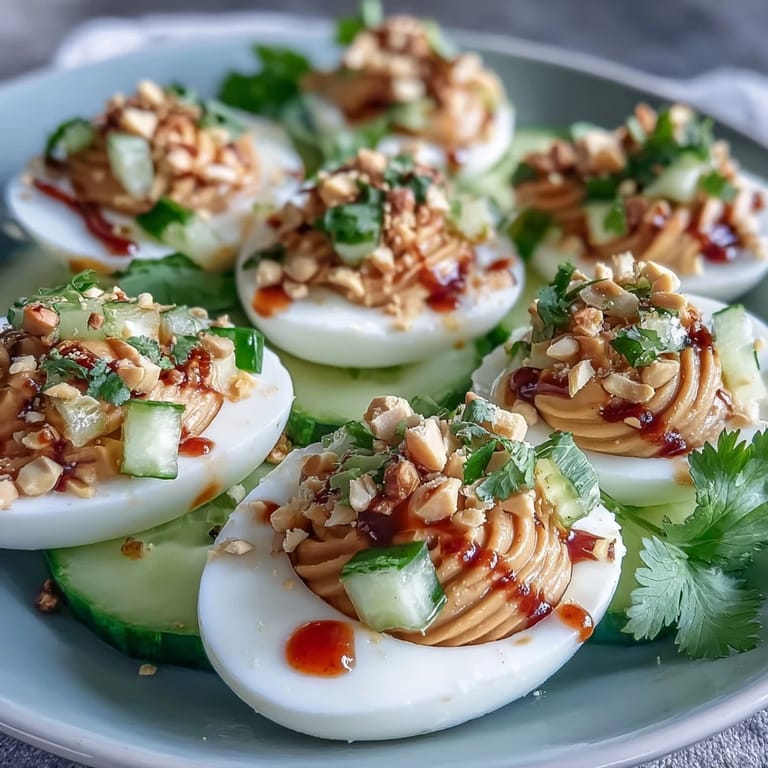 Spicy Thai deviled eggs filled with peanut butter and sriracha, garnished with zesty cucumber relish and crushed peanuts.  