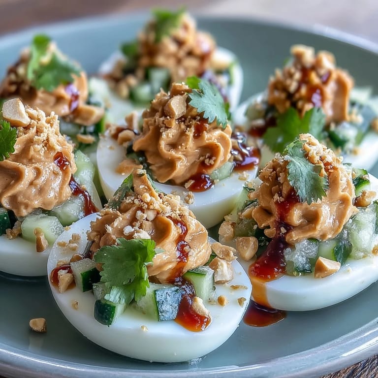 Thai-inspired deviled eggs with creamy peanut filling, vibrant cucumber relish, and a drizzle of sriracha for bold flavor.