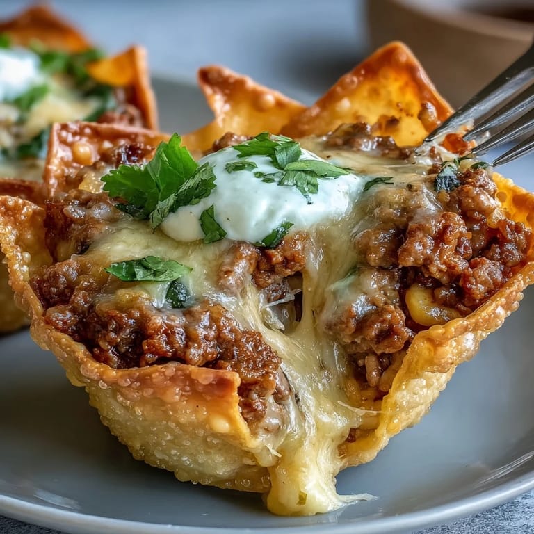 Crispy wonton wrappers cradle savory filling in these delicious Mini Taco Cups.