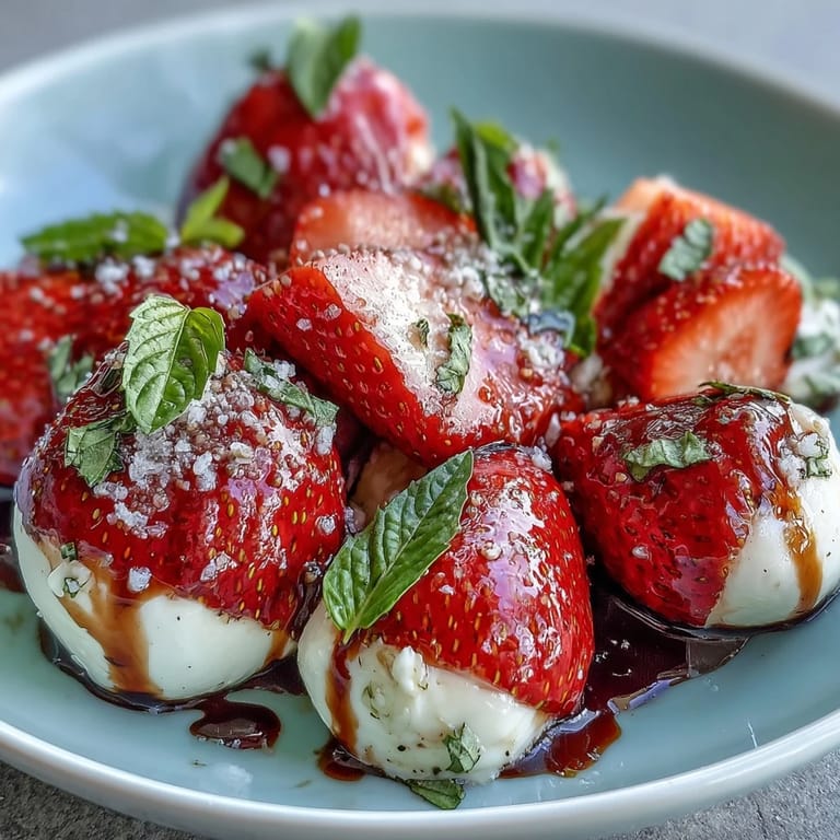 Vibrant Strawberry Caprese Salad layered with juicy tomatoes, fresh mozzarella, and basil.