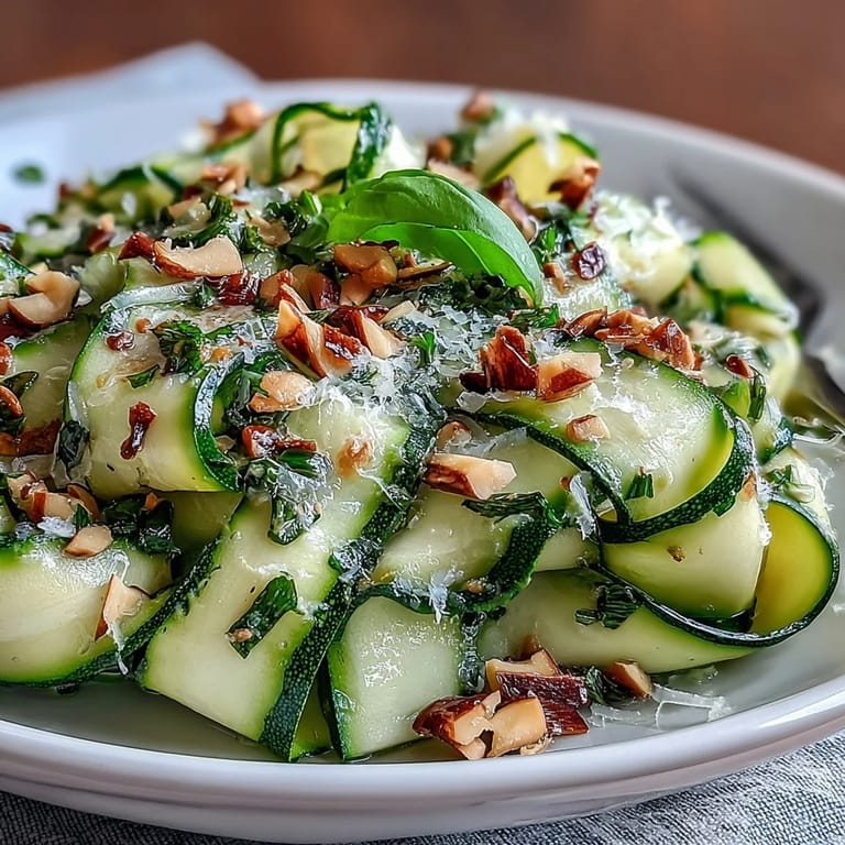 Close-up of Shaved Zucchini Ribbon Salad, drizzled and generously Parmesan.