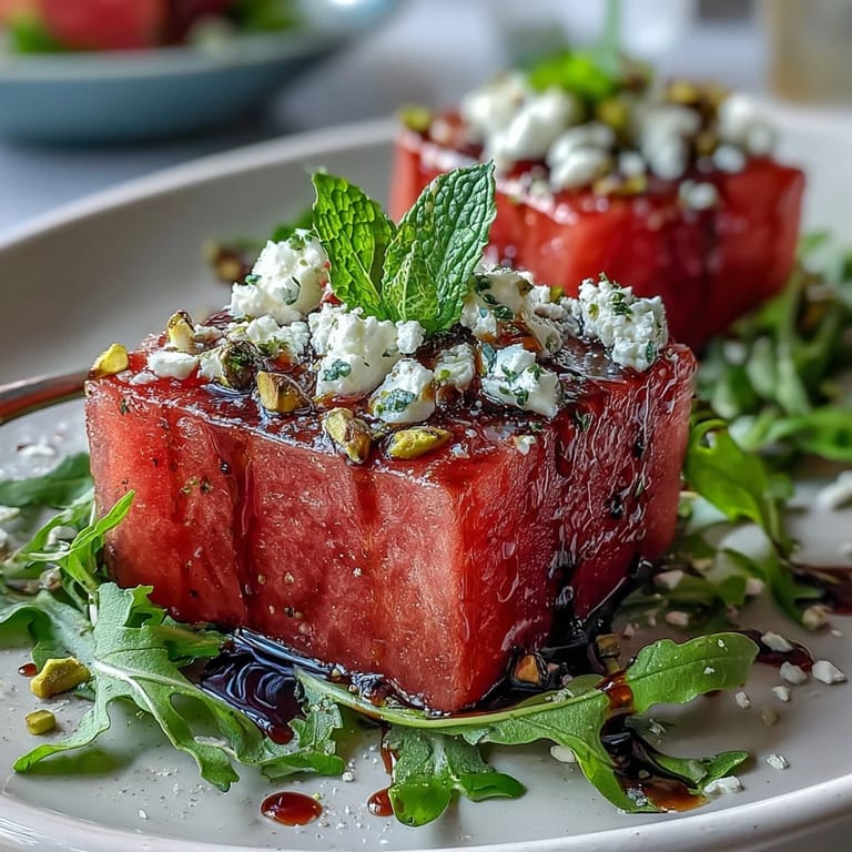Enjoy this fresh Watermelon Feta Arugula Salad drizzled with sweet balsamic glaze.