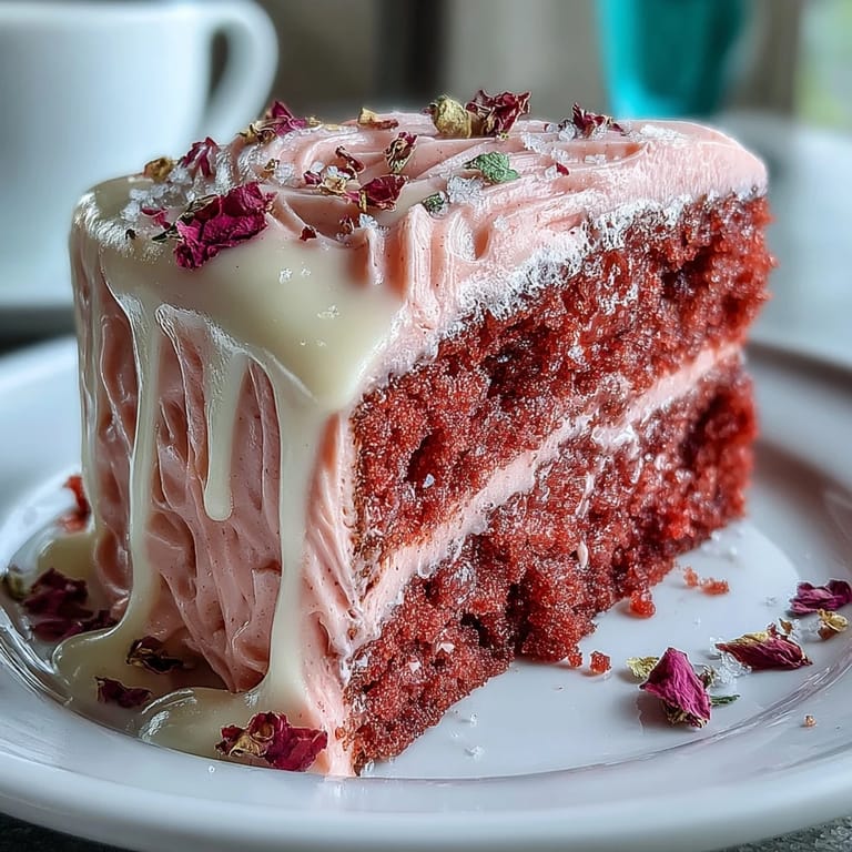 Elegant Rosé Velvet Cake, delicately pink with a sophisticated gold liquid cascade.