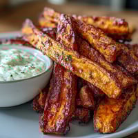 Crispy air fryer sweet potato fries served with creamy garlic aioli for dipping.  