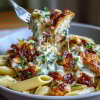 Creamy Crockpot Mississippi Chicken Pasta in a rich, tangy sauce with tender shredded chicken and penne noodles.