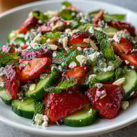 A vibrant spring salad with crisp cucumber, sweet strawberries, and fresh mint leaves, tossed with a light lemon dressing.