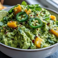 A vibrant bowl of creamy guacamole with fresh mango chunks and spicy jalapeño slices, perfect for Cinco de Mayo celebrations.