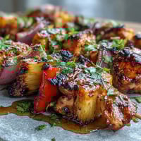 Grilled pineapple chicken skewers feature juicy marinated chicken and sweet pineapple chunks on skewers, perfect for summer barbecues.  