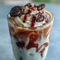 Cookies and Cream Cold Brew in a tall glass with whipped cream and crushed cookies on top, perfect for a refreshing coffee treat.