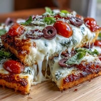 Wholesome cottage cheese flatbread pizza with melted mozzarella, fresh tomatoes, and spinach on a protein-rich crust.