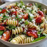 Vibrant spring pasta salad with strawberries, feta, and arugula, perfect for light lunches or garden parties.