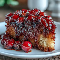 A golden, caramelized cherry almond upside-down cake with fresh cherries glistening on top, perfect for dessert or teatime.  