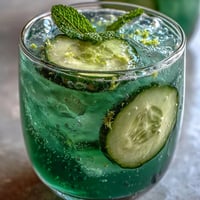 A vibrant glass of green detox cucumber mint agua fresca, garnished with fresh mint sprigs and lime wedges for a refreshing drink.
