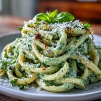 Creamy avocado pesto pasta with fresh basil and pine nuts, a no-cook sauce for a quick vegetarian meal.