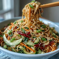 Cold soba noodle salad with sesame ginger dressing, vibrant vegetables, and toasted sesame seeds in a refreshing summer dish.  