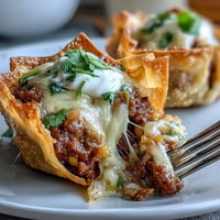 Golden brown Mini Taco Cups in Wonton Wrappers, topped with melted cheese.