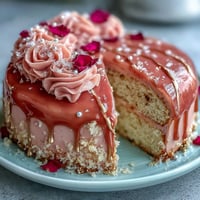 Elegant pink Bridal Shower Rosé Velvet Cake swirls with delicate gold drip.